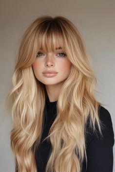 Golden blonde hair with bangs creates a fresh and youthful look that's both chic and versatile. The bright, sun-kissed blonde tones add warmth and vibrancy, while bangs frame the face beautifully, adding a playful yet sophisticated touch. Blonde Face Frame Bangs, Blond Wavy Hair With Bangs, Sabrina Carpenter Blonde Hair, Dynamic Blonde Hair, Bright Blonde Layered Hair, Long Blonde With Bangs, Bangs With Long Hair Blonde, Long Blonde Hair With Bangs Round Face, Long Blonde Hair With Bangs And Layers