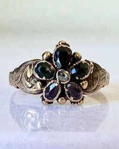 Rare Antique Georgian “REGARD” Solid Gold Pansy Diamond & Multi-Gemstone Ring | eBay Antique Gold Engraved Ring With Gemstone, Vintage Gemstone Engraved Ring Collectible, Antique 14k Gold Purple Ring, Georgian Rings Antique, Victorian Multi-stone Yellow Gold Rings, Victorian Multi-stone Green Jewelry, Victorian Green Multi-stone Jewelry, Green Victorian Multi-stone Jewelry, Antique Wedding Ring