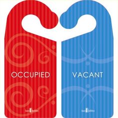 two red and blue door hangers with the words occupied by an image of a pair of scissors