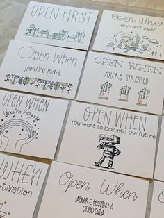 six handmade greeting cards with words written on them