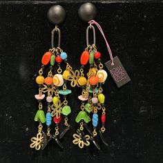 These Are Amazing Long Earrings That Feature Lots Of Unique Colorful Hand Made Beads. These Would Be A Fabulous Gift For Anyone Who Loves Unique Earrings That Are Statement Pieces.These Are Handmade In Our Ny Studio And Are Approximately 5” In Length Surgical Steel Posts Black Enamel & 14kgp & Glass Beads One Of A Kind Earring Vintage Box B Adjustable Beaded Chain Earrings For Party, Multicolor Beaded Chain Earrings For Parties, Metal Beaded Earrings For Party, Multicolor Dangling Charms Jewelry For Party, Multicolor Jewelry With Dangling Charms For Party, Handmade Multicolor Earrings For Evening, Colorful Beads Metal Earrings For Party, Trendy Black Beaded Earrings For Party, Elegant Multicolor Metal Beaded Earrings