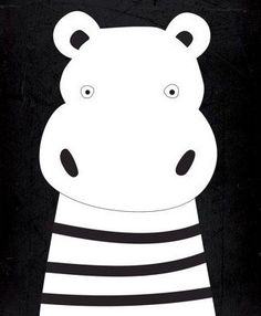 a black and white drawing of a hippopotamus wearing a striped shirt with hearts in the background