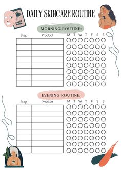 the daily skin care routine is shown in two separate sections, one with a woman's face on it