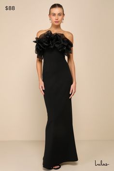 You'll be bound for endless compliments the moment you arrive in the Lulus Evening Excellence Black Ruffled Strapless Mermaid Maxi Dress! This luxurious dress has a stretchy crepe woven fabrication that shapes a strapless neckline, embellished with tiered, ruffled organza for an extravagant look. Fitted strapless bodice sits atop a high waist, all before falling to a figure-flattering mermaid skirt that ends at an elegant maxi hem with a kick pleat at the back for movement. Hidden back zipper/cl Luxurious Dress, Mermaid Maxi Dress, Luxurious Dresses, Strapless Neckline, Casual Wedding Dress, Black Floor, Strapless Maxi, Kick Pleat, Mermaid Skirt