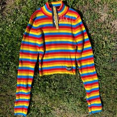 Brand New With Tags Size Xs/Small But Fits More Like An Xs Sold Out On Their Website! Casual Rainbow Top For Winter, Casual Rainbow Tops For Winter, Minga London, Novelty Sweater, Oversized Grey Sweater, Chunky Cable Knit Sweater, Duster Cardigan Sweater, Party Sweaters, Rainbow Sweater