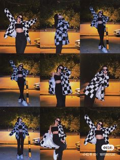 a collage of photos shows a woman in black and white checkered coat