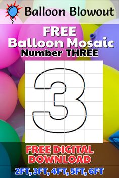 A giant Number three on a grid of papers used to make a balloon mosaic How To Make A Number 3 Out Of Cardboard, Diy Number 3 Cardboard With Balloons, Number 3 Balloon Mosaic, Diy Mosaic Numbers Balloons, Ballon Mosaic Number Diy, Balloon Mosaic Number Template Free, Diy Mosaic Numbers