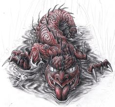 a drawing of a creature with large eyes and claws