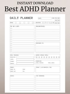 PRINTABLE ADHD PLANNER. Download IMMEDIATELY after purchase! Product information: * Perfect for home and office use. * Text and colors that are part of the design CANNOT be altered. * Room for hole punches on either side * Print as many pages as you need. * Simply print from your home printer, or send to a local printing shop. How to download, open and print these PDF files on your computer: * You can download these digital items once your purchase is confirmed. * Please note that there are no p Planer Organisation, Daily Planner Printables Free, Etsy Planner, Notion Template Ideas, Unique Planner, Habit Tracking, Hourly Planner, Vie Motivation