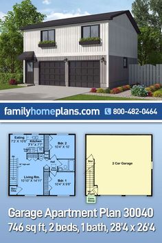 the garage apartment plan is shown in this advertment for familyhomplans com