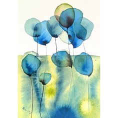 watercolor painting of blue flowers on white paper with green and yellow colors in the background