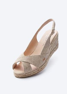 Beige Platform Slingback Wedge Sandals, Summer Wedge Heel Slingback Sandals With Cork-bed Midsoles, Beige Slingback Wedge Sandals For Beach, Casual Espadrille Wedge Slingback Sandals, Beach Slingback Platform Espadrilles, Summer Platform Slingback Espadrilles, Summer Slingback Espadrilles, Summer Slingback Espadrille Wedge Sandals, Beach Slingback Espadrilles