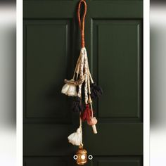 a door handle hanging from the side of a green door with tassels on it