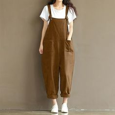 Women's Baggy Plus Size Overalls Cotton Linen Jumpsuits Wide Leg Harem Pants Casual Rompers These overalls are made of premium soft fabric, give you a comfortable and perfect feeling when you put them on. Durable fabric and stitching so you don't have to worry about them ripping Our overalls come in 6 size for you choose. There is a picture of our size chart on the left, Pls check our size chart on the left before purchase. Based on reviews and customer messages, we recommend that orders of size Sweat Vintage, Overalls Plus Size, Overalls For Women, Cotton Overalls, Strap Pants, Rompers Womens Jumpsuit, Pocket Jumpsuit, Cami Romper, Outfit Night