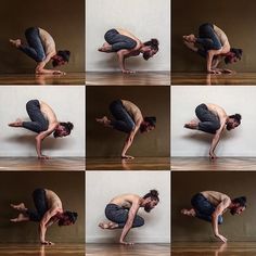 multiple images of a man bending over on the floor with his hands and legs extended