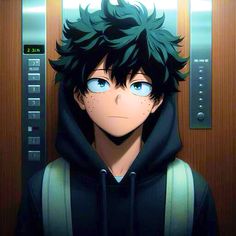 an anime character with green hair and blue eyes wearing a black hoodie, standing in front of a elevator