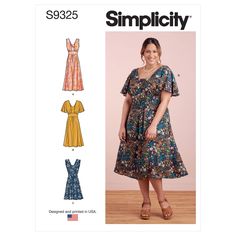 a women's dress and top sewing pattern from the front, with an image of a