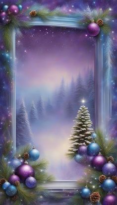 a christmas card with ornaments and trees in the background, surrounded by snowflakes