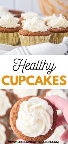 healthy cupcakes with cream cheese frosting on top and in the background, there is