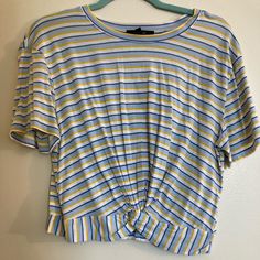 - Forever 22 Cropped, Front Knot Top - Never Worn Before, Perfect Condition - Blue, Yellow, And White Striped Design - Size: Women Medium Casual Striped Tops From Forever 21, Forever 21 Striped Cotton Tops, Forever 21 Yellow Cotton Top, Trendy Yellow Forever 21 Tops, Forever 21 Yellow Casual Top, Forever 21 Blue Crop Top, T Shirt Knot, Knot Top, Forever21 Tops