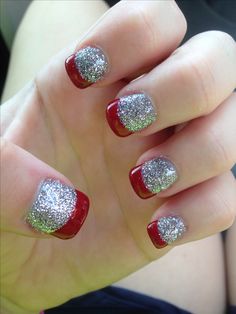 Solar Red French with Glitter Sparkle Red French Tip Nails, Sparkling Red French Nails, Red Glitter Nails Acrylic French Tips, Sparkling Red French Tip Nails, Red Nails With Silver Glitter Tips, Solar Nail Designs, Sun Nails, Nail Decals Diy