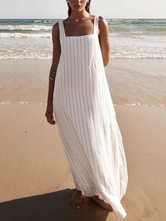 A-Line Loose Striped Square-Neck Maxi Dresses WHITE-S Leisure Fashion, White Maxi Dresses, Square Neckline, Maxi Dresses, Striped Dress, Square Neck, Timeless Fashion, A Line, Cute Outfits