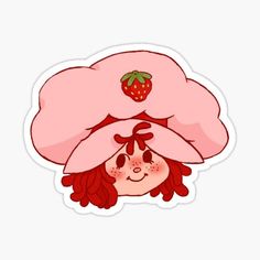 a sticker with a strawberry on top of it's head and a pink hat over its head