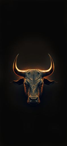 a bull's head with long horns on a black background is illuminated by light