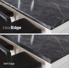 two black chairs sitting next to each other on top of a marble countertop with the words ideal edge below it