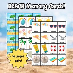 beach memory cards with pictures and words to help kids learn how to read the word