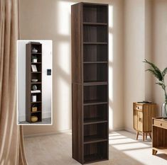 a tall wooden bookcase sitting in the corner of a living room next to a window