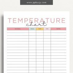 a printable temperature chart with the words temperature and time in pink, yellow and green