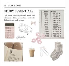 the contents of a study essentials kit including books, calculator, coffee cup and other items