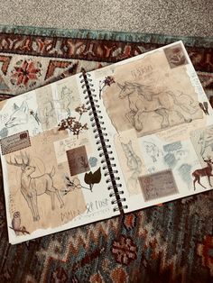 an open notebook sitting on top of a rug covered in drawings and other things to draw