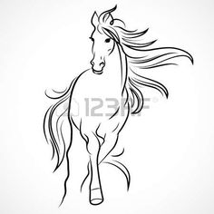 black and white drawing of a running horse on a white background, with long hair