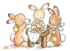 three rabbits sitting at a table eating food