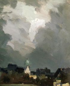 an oil painting of people walking on a path in front of some buildings and clouds