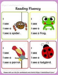 four different pictures with the words reading flueny and i see a spider, i see