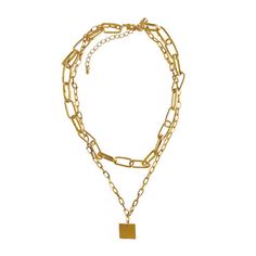 18k Gold Plated Chunky Thick Chain Square Medallion Necklace Double Layered Choker Adjustable Length Lead And Nickel Free Gold Chain Necklace With Square Pendant, Gold Clavicle Chain Necklace With Square Pendant, Layer Oval, Glass Starfish Necklace, Goth Necklaces, Turquoise Bar Necklace, Forever Necklace, Square Pendant Necklace, Pumpkin Necklace