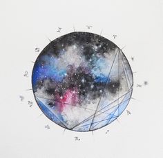 a watercolor drawing of the inside of a circle with stars and planets in it