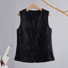 Trendy Fashion Chinese Style Retro Top Black Embroidered Round Neck Sleeveless Short Coat Tea , Women's Coats, Jackets & Vests Chinese Top, Fashion Chinese, Chinese Collar, Digital Fashion, Chinese Fashion, Retro Tops, Oc Ideas, Short Coat, The Change