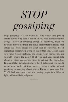 an article about stop gossiping is shown in the middle of a page with black and white text