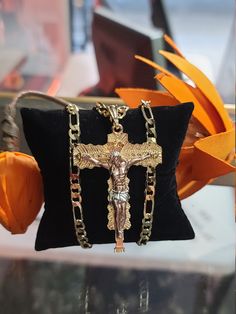 "Special for you. We offer free shipping with the purchase of 35 dollars or more! with First Class Mail (Not Priority Mail) 14k Gold Plated Crucifix Pendant with Necklace *Pendant Height: 2.75\" inches Approx. *Pendant Width: 1.5\" inch *14k Gold Plated *Includes 23.5\" inches Figaro chain (style CM-76) Material: Copper Measurements: Chain - 12 inch. from top to bottom (24\" Long from end to end) *ABOUT US* \"Ashley Accesorios\" is an online retailer based in Lacey, Wa. Our goal is to provide th Luxury 14k Gold Crucifix Jewelry, Gold Plated Crucifix Necklace, Luxury Gold Crucifix Jewelry, Gold Crucifix Box Chain Jewelry, St Jude Necklace, Gold Cross Necklace Mens Jewelry1000.com, Egyptian Actress, Crucifix Necklace, Figaro Chain Necklace