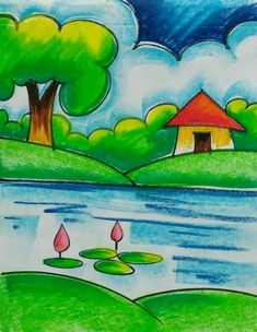 a drawing of a house by the water