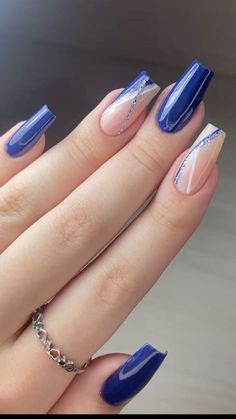 Nails Azul, Hoco Nails, Homecoming Nails, Cute Acrylic Nails, Acrylic Nail Designs, Blue Nails