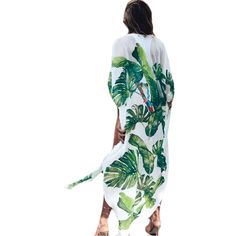 Green Leaf Print Chiffon Kimono Beach Cover Up Chiffon Cover-up For Vacation, Beachy Green Cover-up With Tropical Print, Bohemian Chiffon Beach Dress For Summer, Tropical Style Beach Dress For Spring Holiday, Tropical Beach Dress For Spring Holiday, Summer Chiffon Cover-up, Tropical Beach Dress For Holiday In Spring, Hawaiian Style Summer Vacation Cover-up, Summer Chiffon Beachwear Cover-up