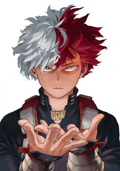 an anime character with red hair holding his hands together