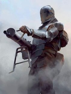 a man dressed in medieval armor holding a large metal object while standing on a ladder