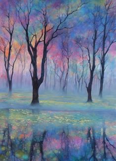 an oil painting of trees in the foggy forest with water reflection on the ground