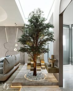 a living room filled with furniture and a tree in the middle of the room,